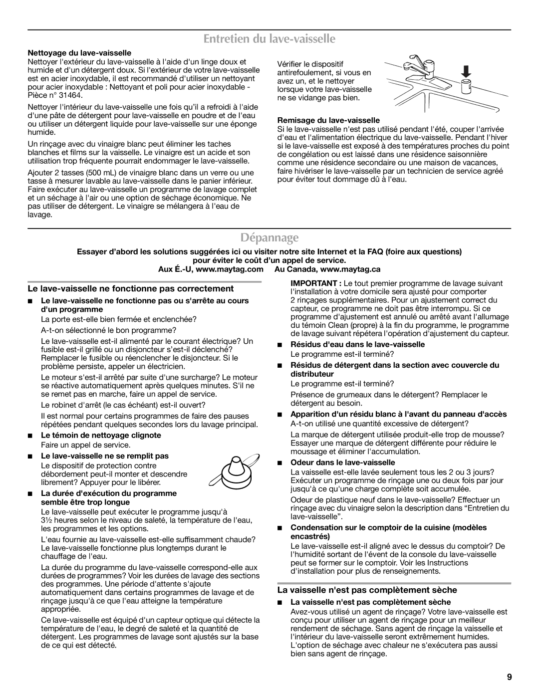 Maytag W10157789A warranty Entretien du lave-vaisselle, Dépannage, Le lave-vaisselle ne fonctionne pas correctement 