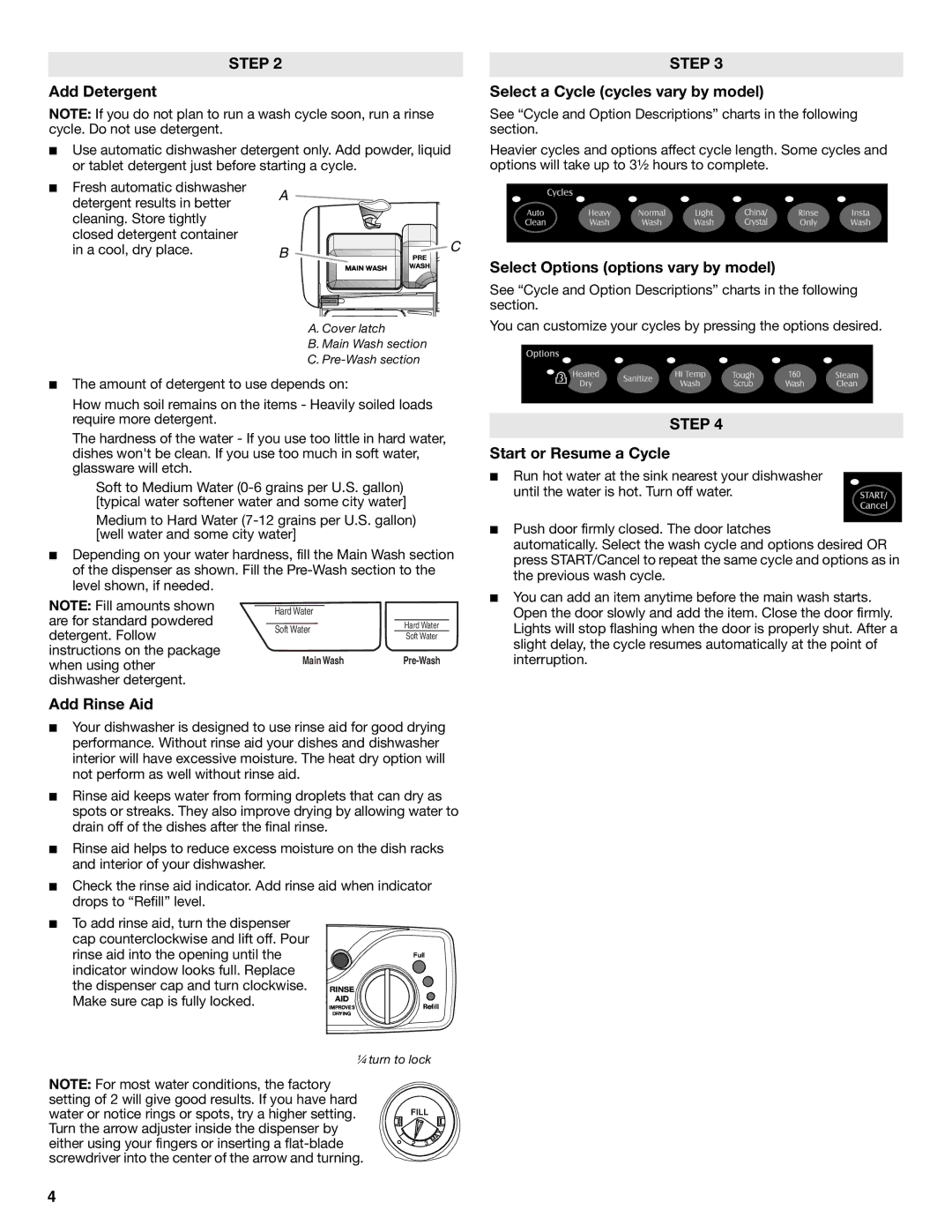 Maytag W10157789A warranty Add Rinse Aid, Select a Cycle cycles vary by model, Select Options options vary by model 