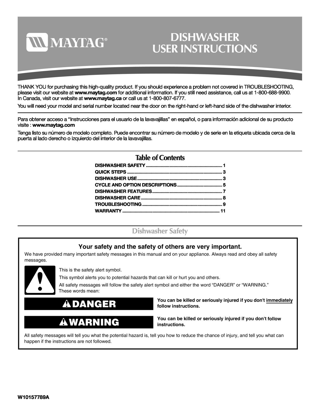 Maytag W10157789A warranty Dishwasher User Instructions, Danger, Table of Contents, Dishwasher Safety 