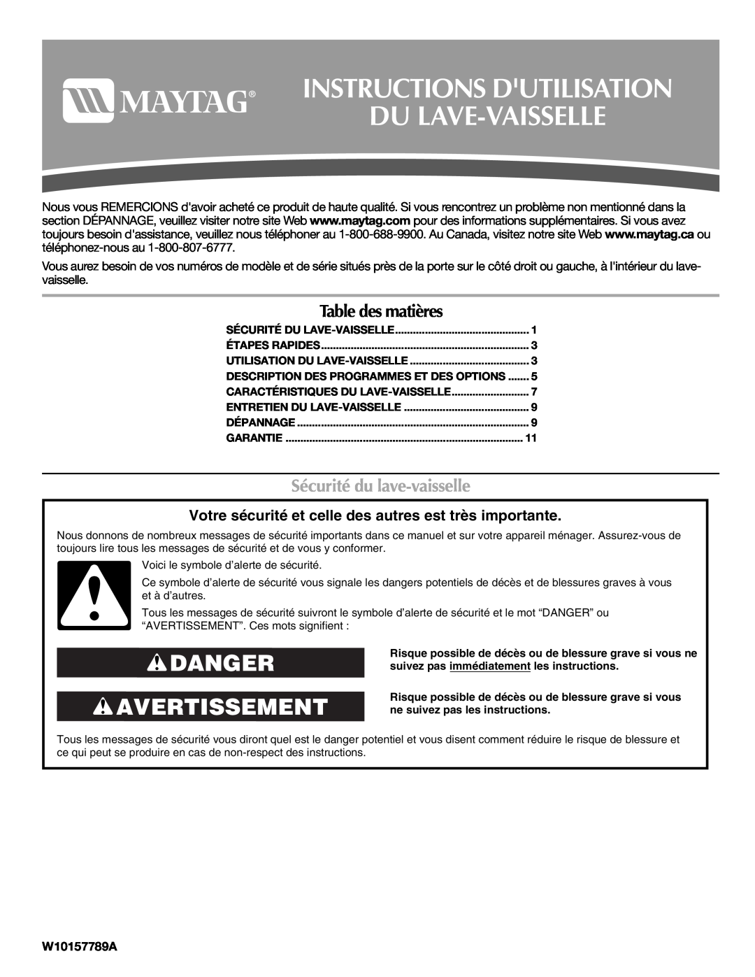 Maytag W10157789A Instructions Dutilisation Du Lave-Vaisselle, Danger Avertissement, Table des matières, Étapes Rapides 