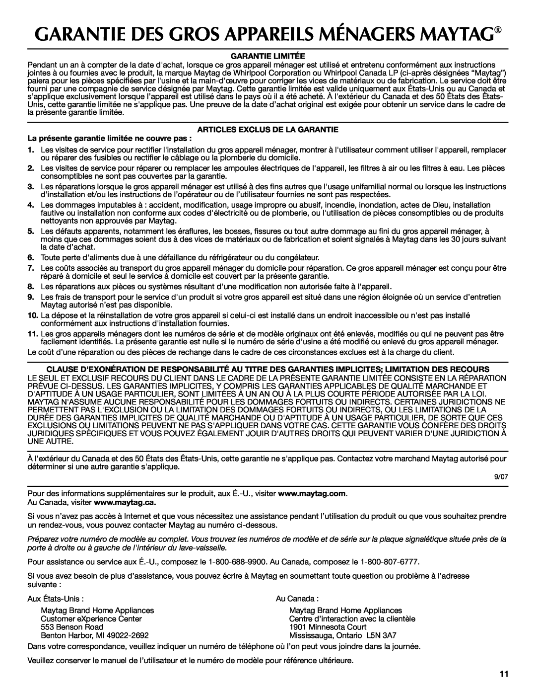Maytag W10157789A warranty Garantie Des Gros Appareils Ménagers Maytag, Garantie Limitée, Articles Exclus De La Garantie 