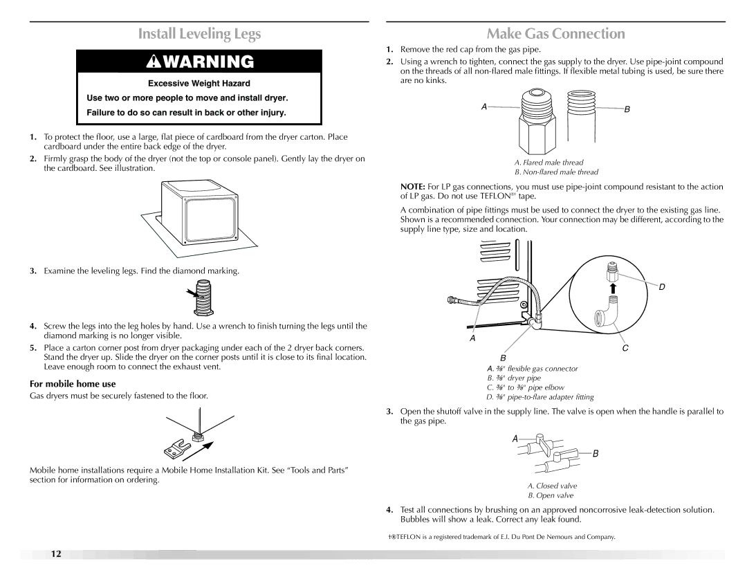 Maytag W10160251A manual Install Leveling Legs, Make Gas Connection, For mobile home use 