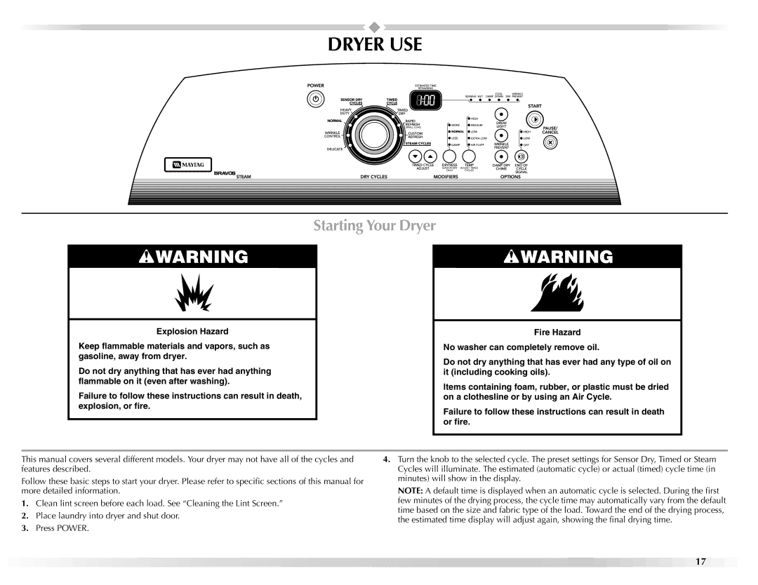 Maytag W10160251A manual Dryer USE, Starting Your Dryer 