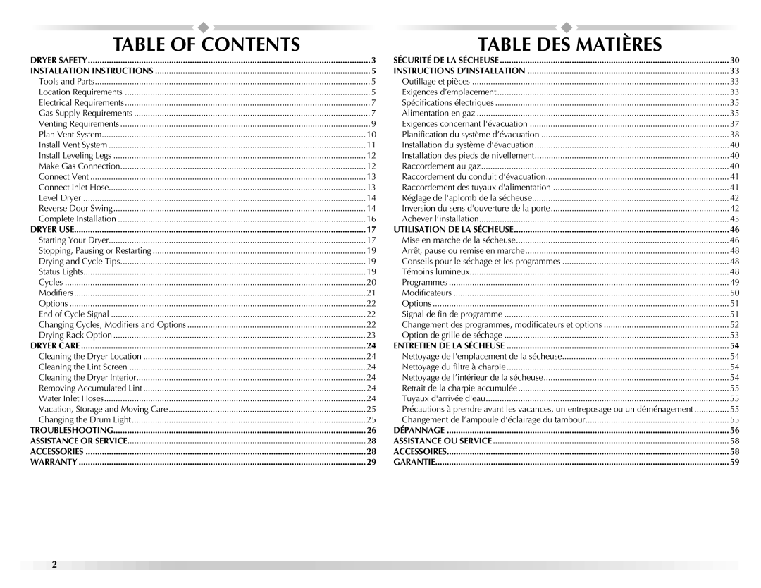 Maytag W10160251A manual Table of Contents, Table DES Matières 