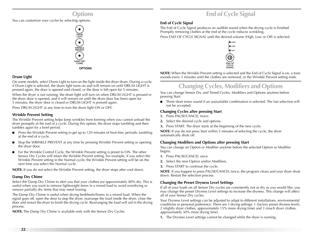 Maytag W10160251A manual End of Cycle Signal, Changing Cycles, Modifiers and Options 