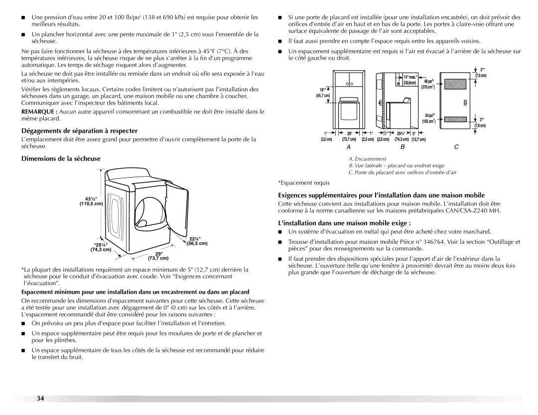 Maytag W10160251A manual Dégagements de séparation à respecter, Dimensions de la sécheuse 