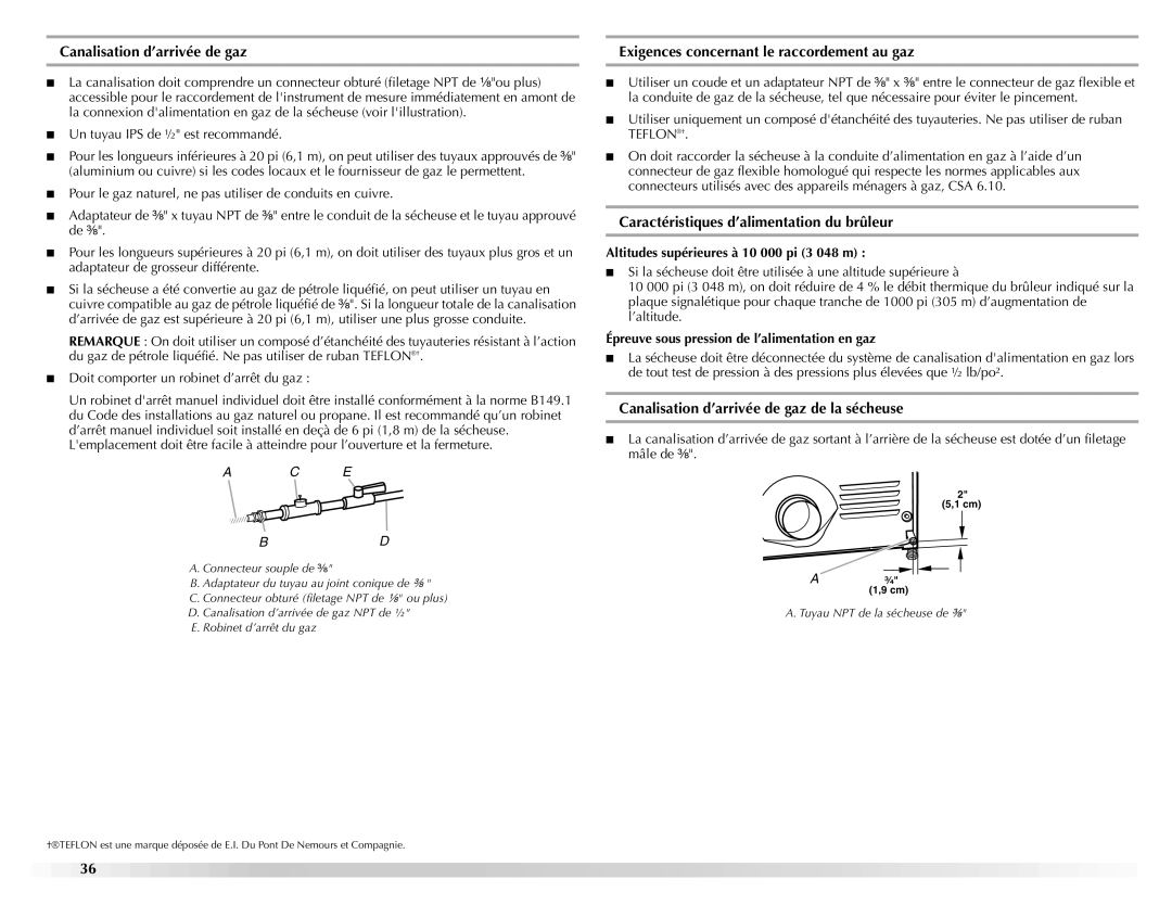 Maytag W10160251A manual Caractéristiques d’alimentation du brûleur, Canalisation d’arrivée de gaz de la sécheuse 