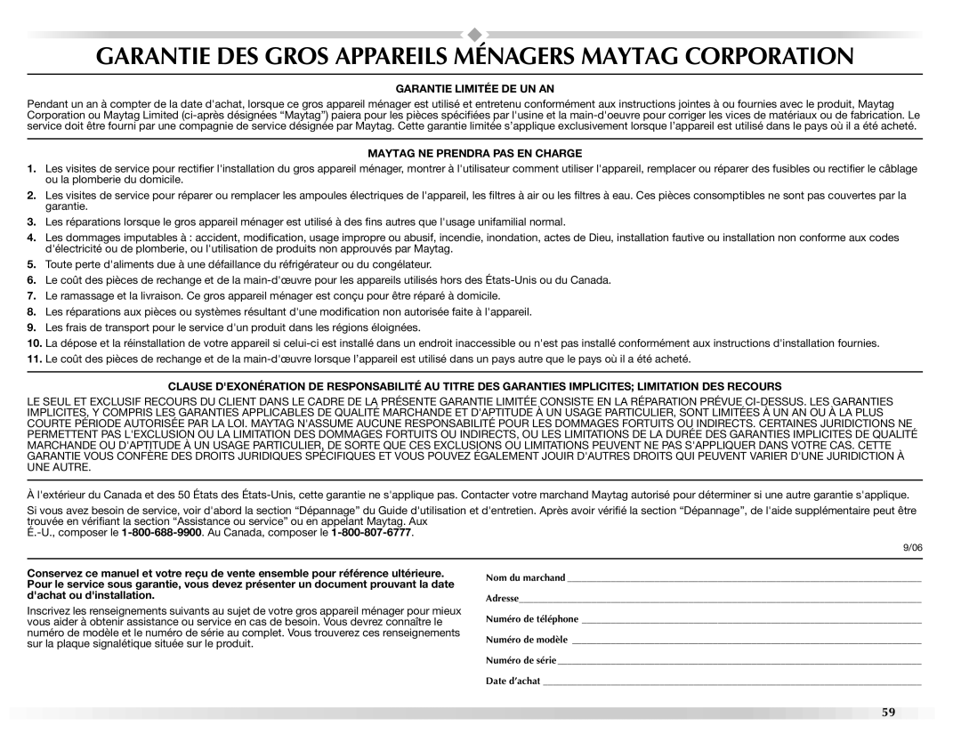 Maytag W10160251A manual Garantie DES Gros Appareils Ménagers Maytag Corporation 