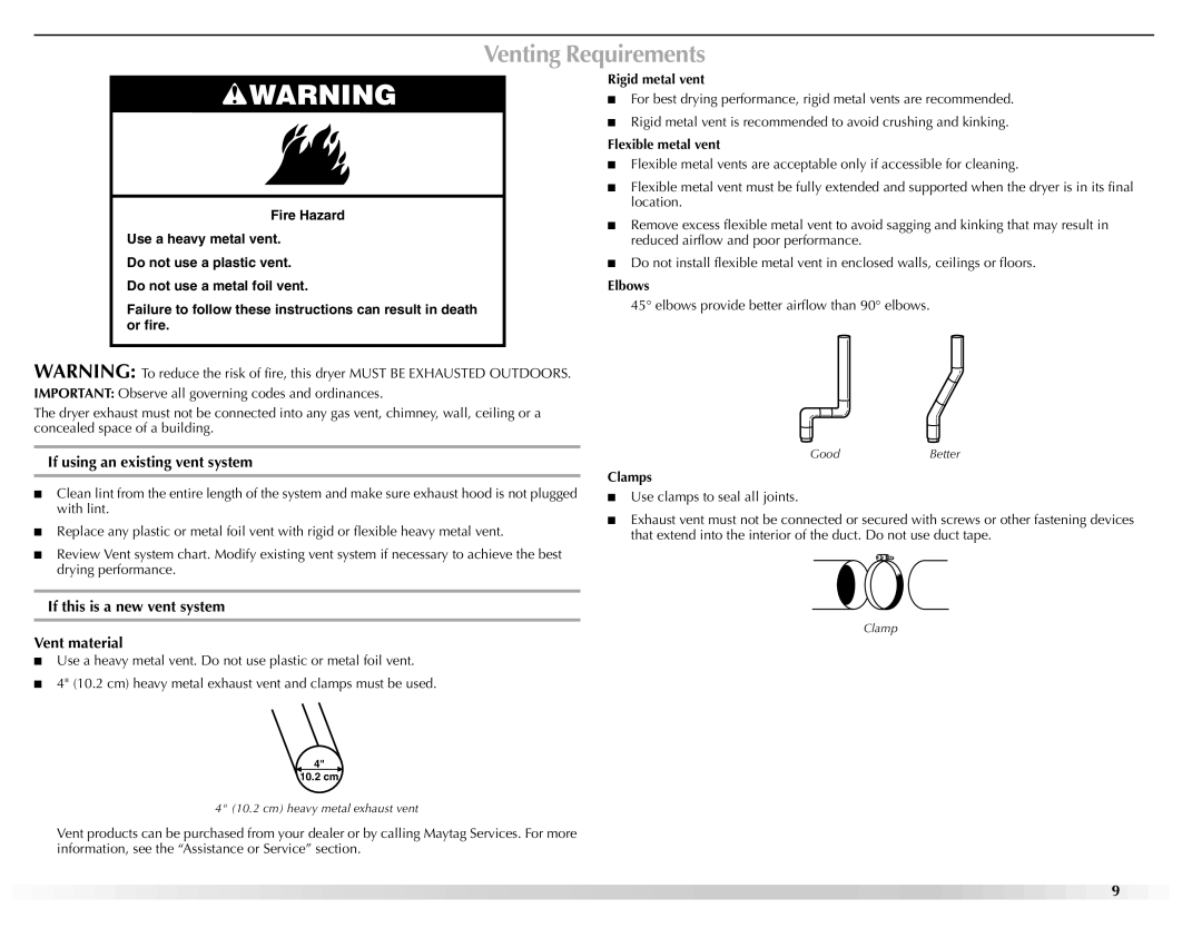 Maytag W10160251A manual Venting Requirements, If using an existing vent system, If this is a new vent system Vent material 