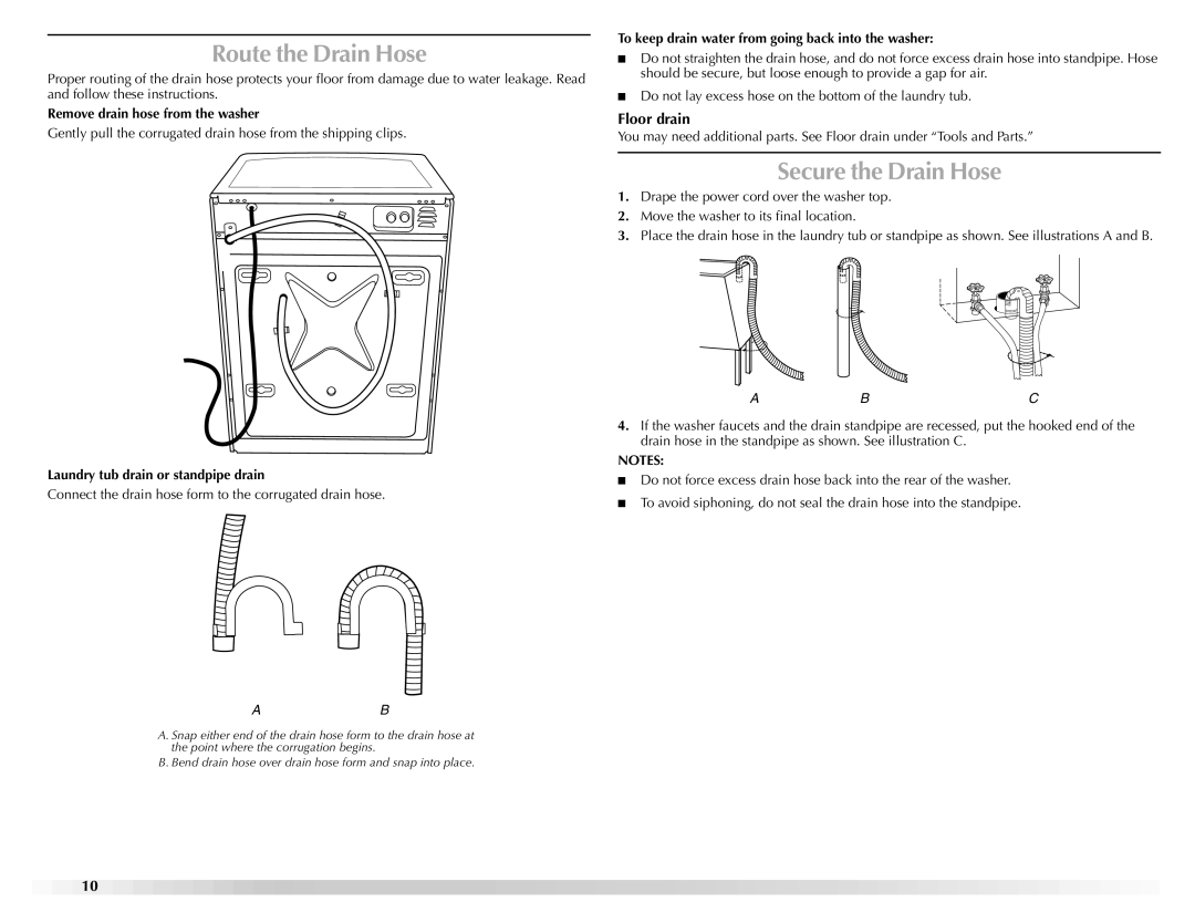 Maytag W10165327A manual Route the Drain Hose, Secure the Drain Hose, Floor drain 