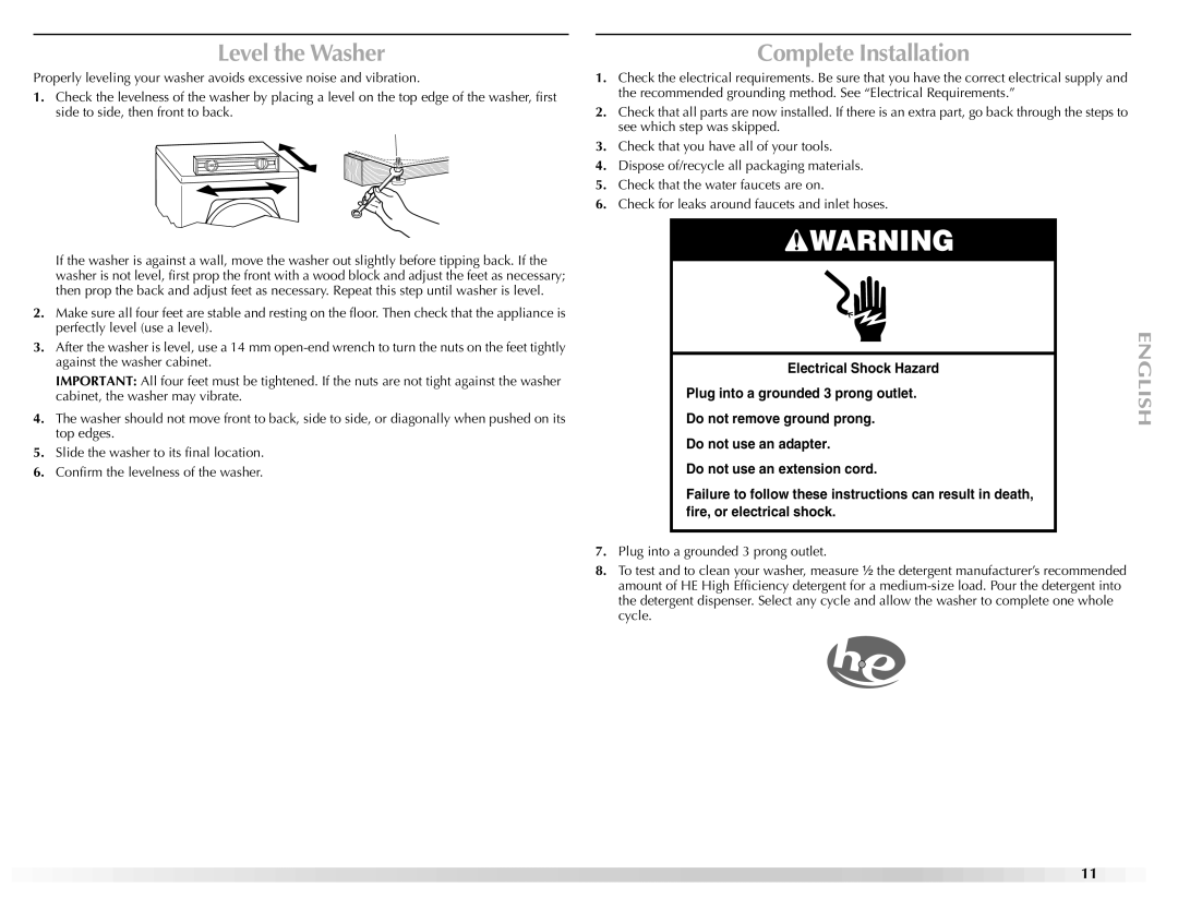 Maytag W10165327A manual Level the Washer, Complete Installation 