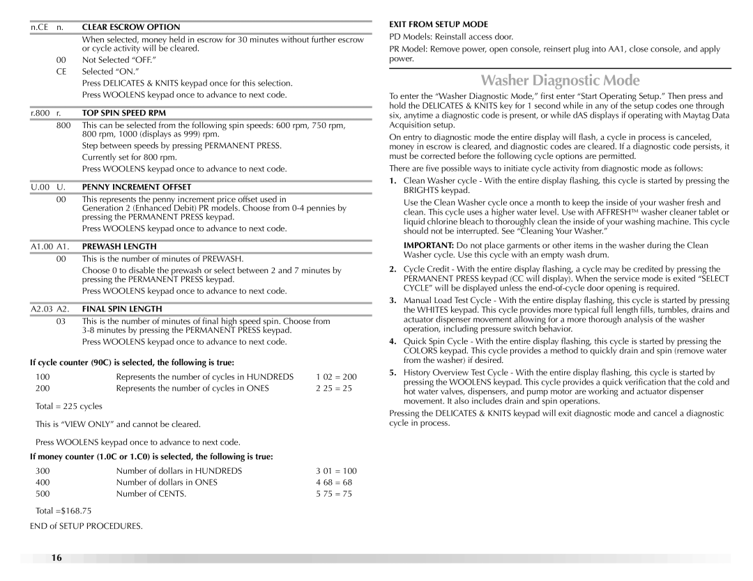 Maytag W10165327A manual Washer Diagnostic Mode 