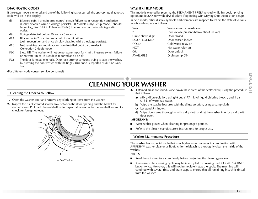 Maytag W10165327A manual Cleaning Your Washer, Cleaning the Door Seal/Bellow, Washer Maintenance Procedure 