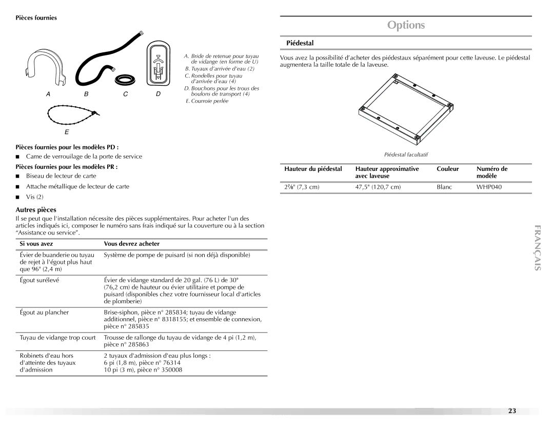 Maytag W10165327A manual Autres pièces, Piédestal 