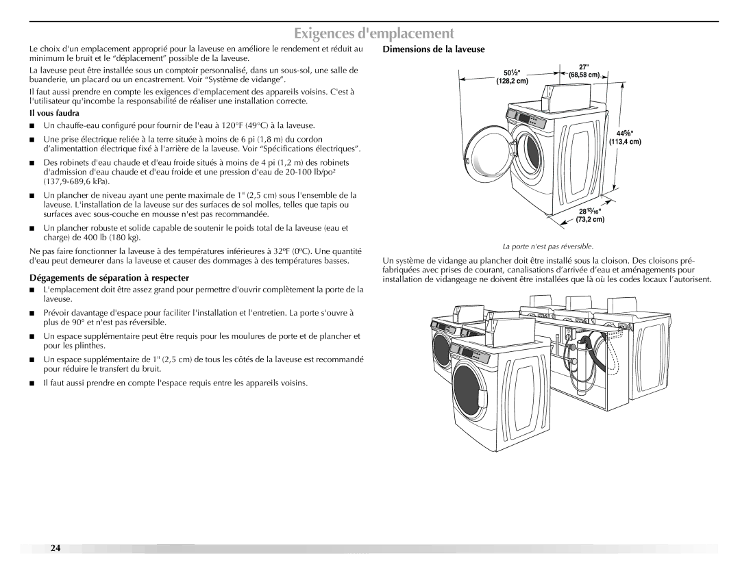 Maytag W10165327A Exigences demplacement, Dégagements de séparation à respecter, Dimensions de la laveuse, Il vous faudra 