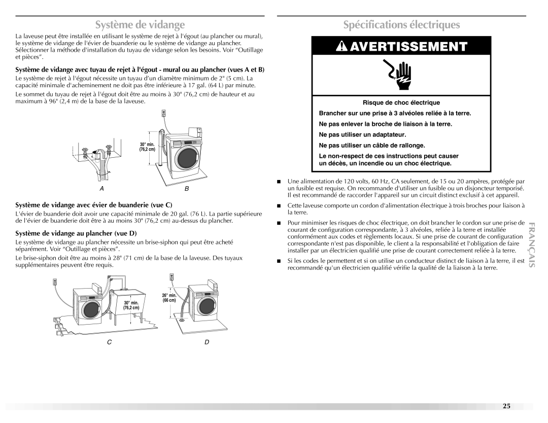 Maytag W10165327A manual Spécifications électriques, Système de vidange avec évier de buanderie vue C 