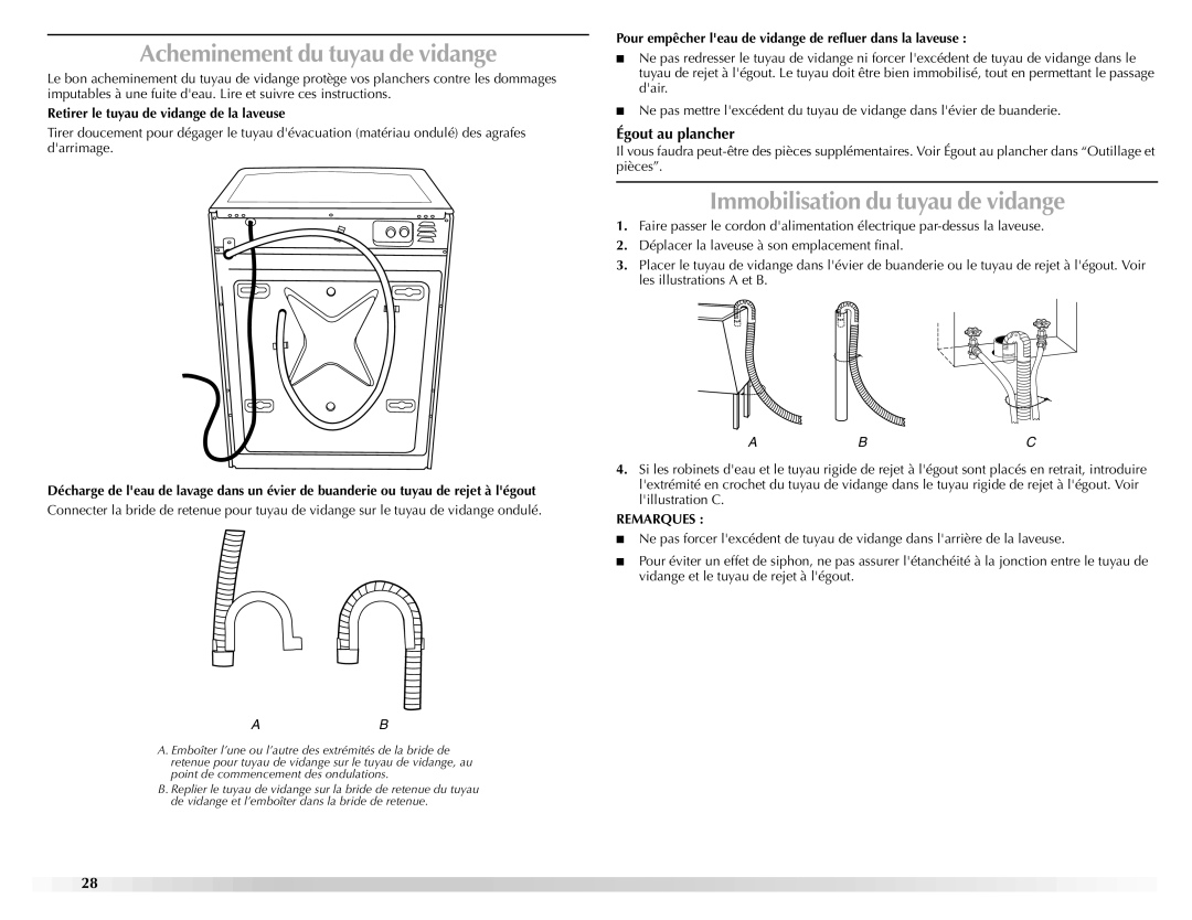 Maytag W10165327A manual Acheminement du tuyau de vidange, Immobilisation du tuyau de vidange, Égout au plancher, Remarques 