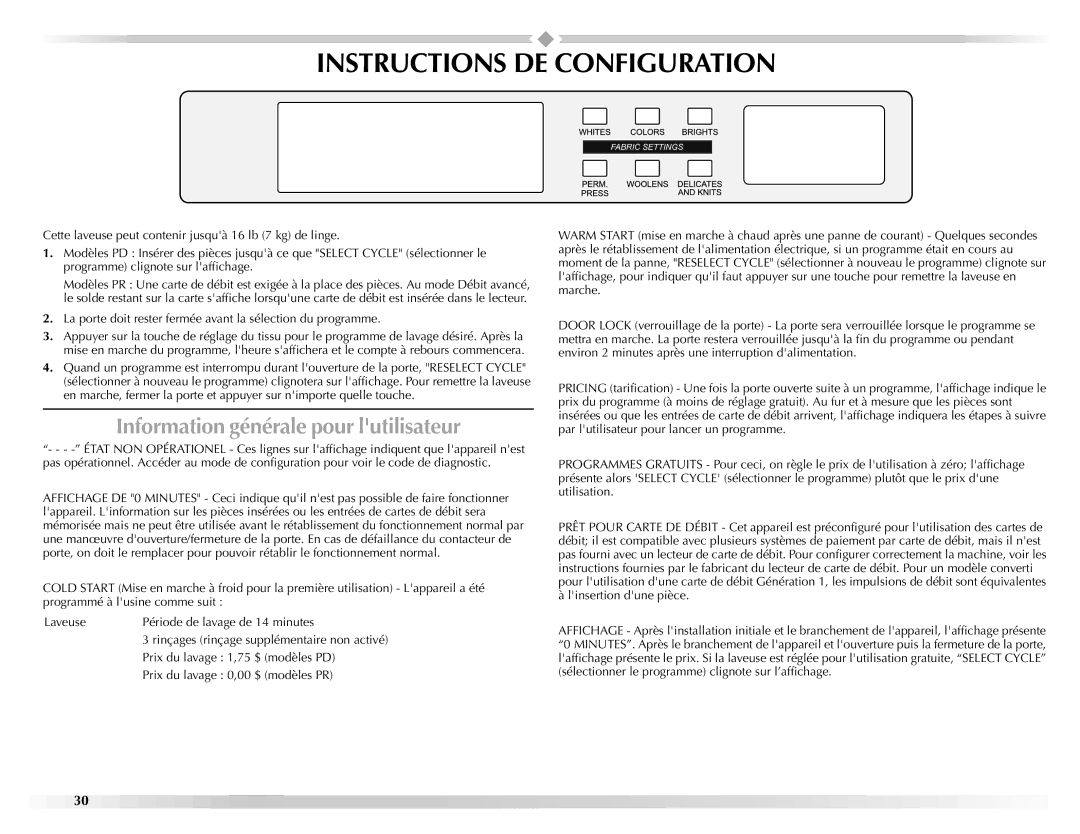 Maytag W10165327A manual Instructions DE Configuration, Information générale pour lutilisateur 