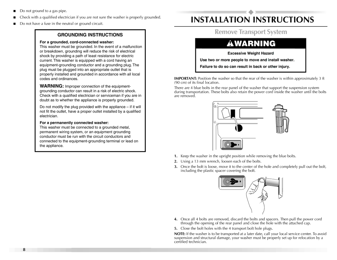 Maytag W10165327A manual Installation Instructions, Remove Transport System 