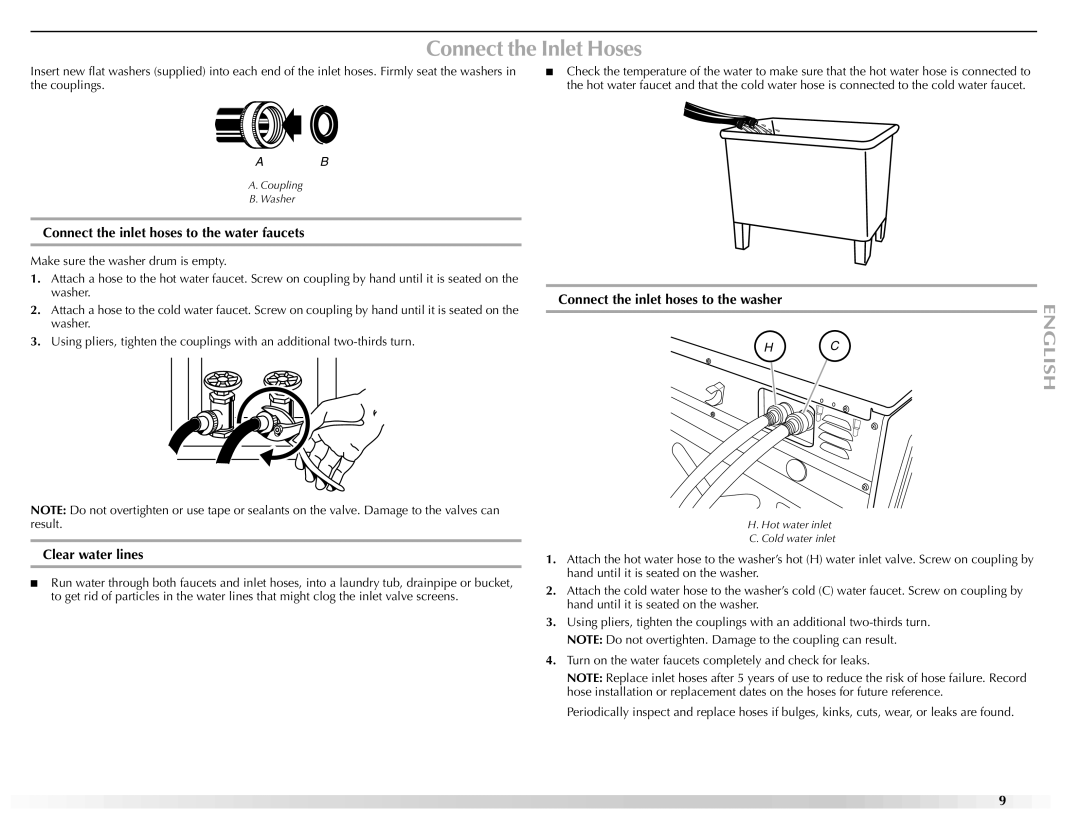 Maytag W10165327A manual Connect the Inlet Hoses, Connect the inlet hoses to the water faucets, Clear water lines 