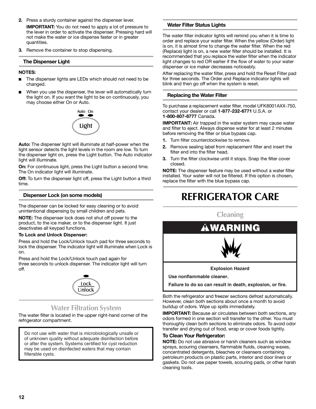 Maytag W10175444A, W10175477A, MFI2568AES installation instructions Refrigerator Care, Water Filtration System, Cleaning 