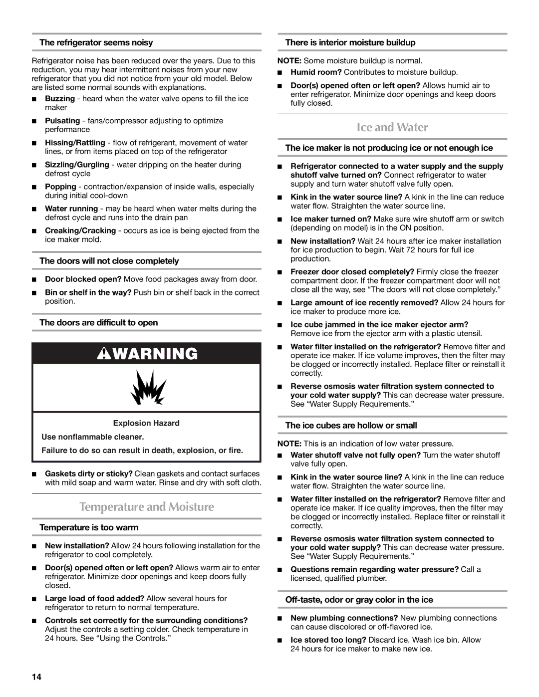 Maytag MFI2568AES, W10175444A, W10175477A installation instructions Temperature and Moisture, Ice and Water 