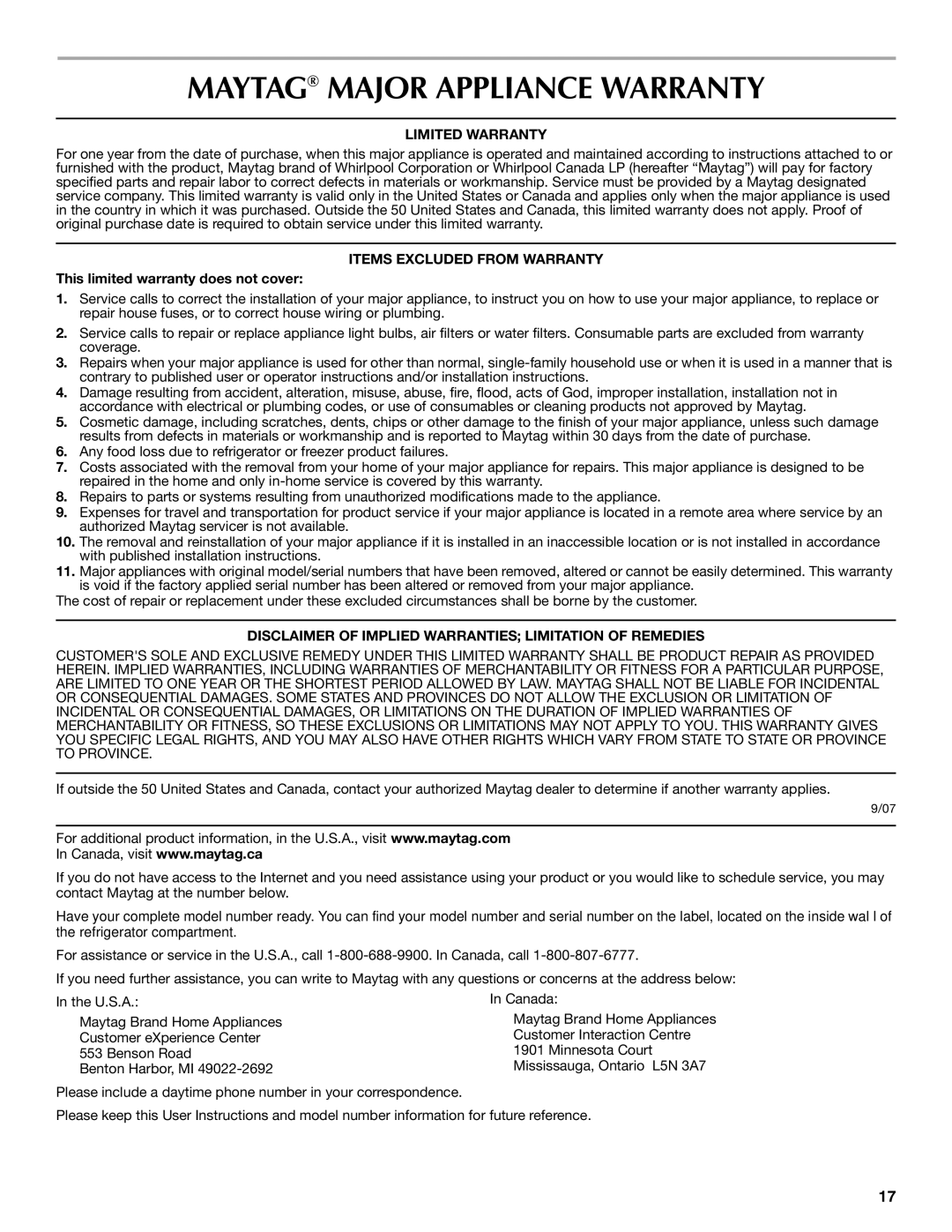 Maytag MFI2568AES, W10175444A, W10175477A Maytag Major Appliance Warranty, Limited Warranty, Items Excluded from Warranty 