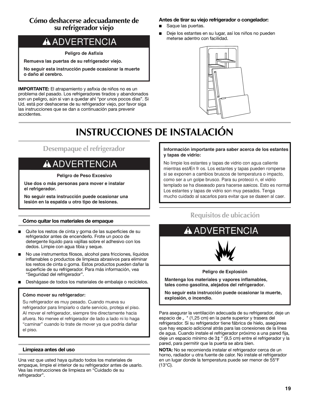 Maytag W10175477A, W10175444A, MFI2568AES Instrucciones DE Instalación, Desempaque el refrigerador, Requisitos de ubicación 