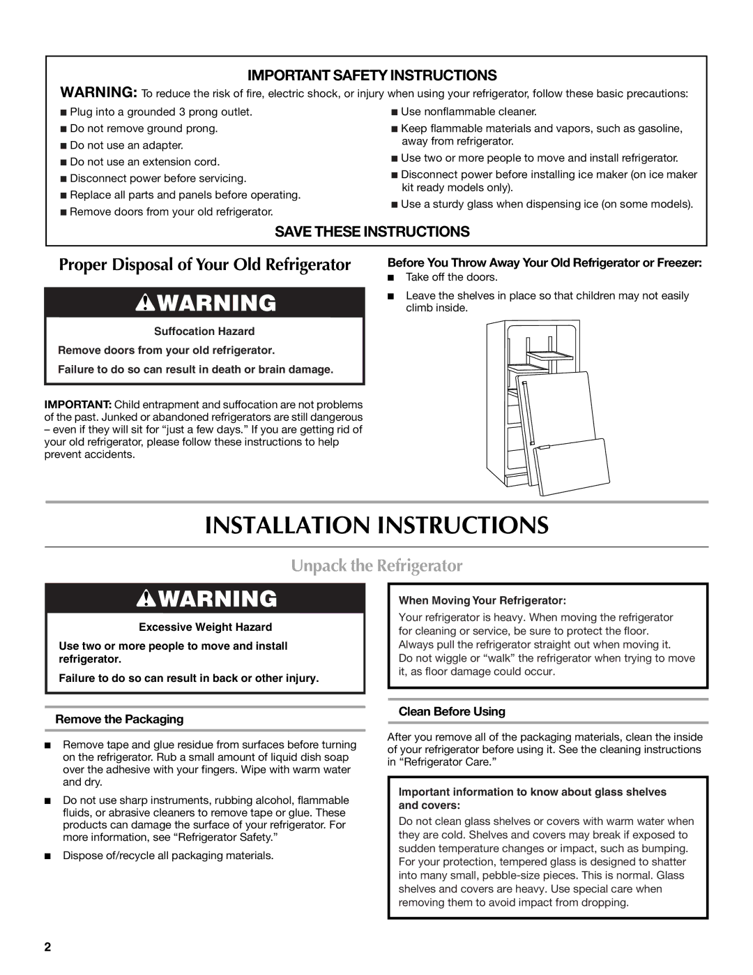 Maytag MFI2568AES, W10175444A Installation Instructions, Unpack the Refrigerator, Remove the Packaging, Clean Before Using 