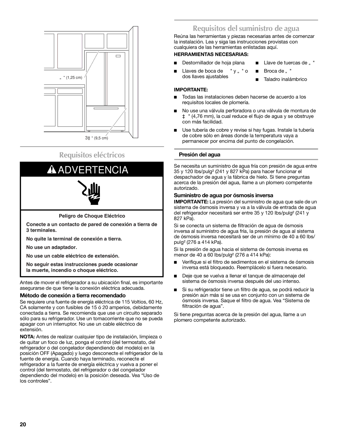 Maytag MFI2568AES Requisitos del suministro de agua, Requisitos eléctricos, Método de conexión a tierra recomendado 