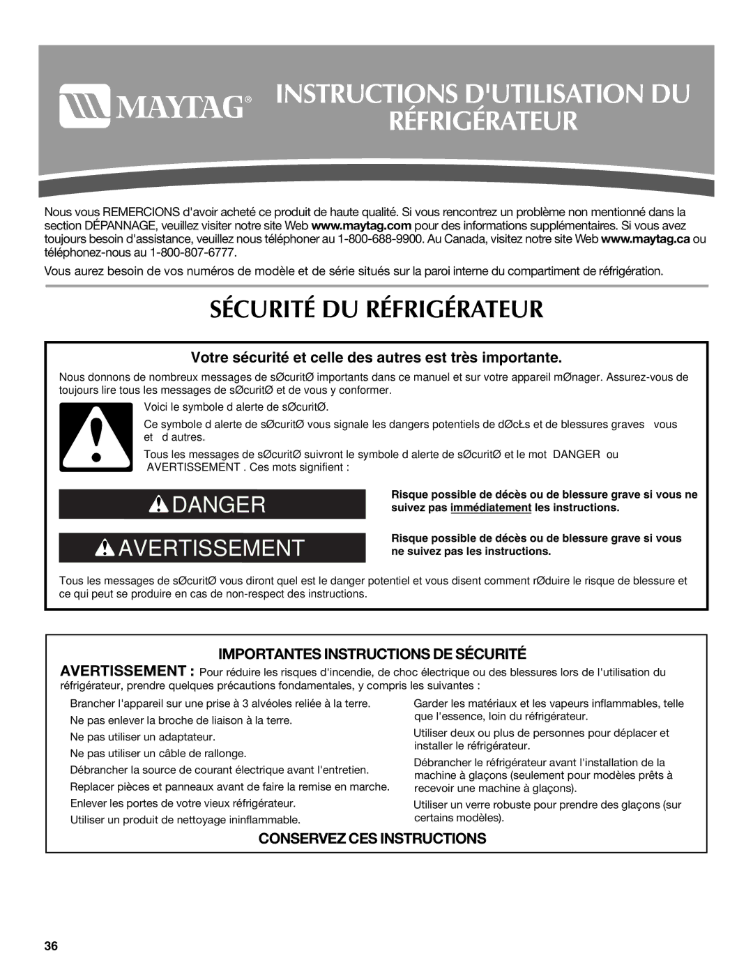 Maytag W10175444A, W10175477A, MFI2568AES Instructions Dutilisation DU Réfrigérateur, Sécurité DU Réfrigérateur 