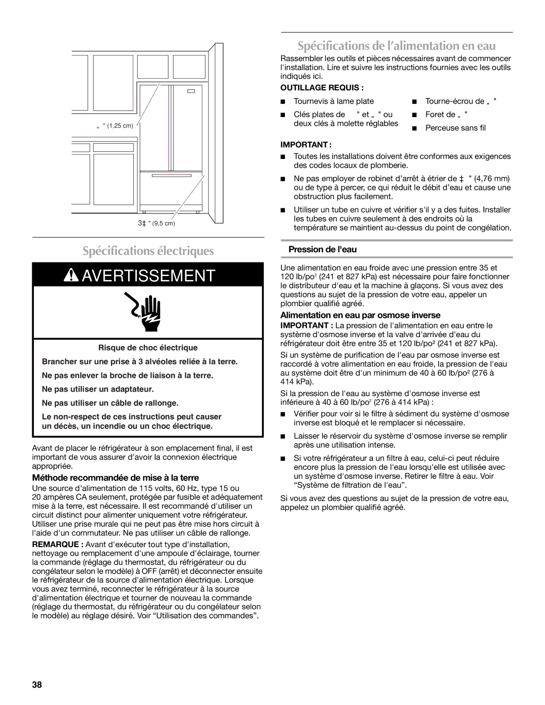 Maytag MFI2568AES, W10175444A Spécifications de l’alimentation en eau, Spécifications électriques, Pression de leau 