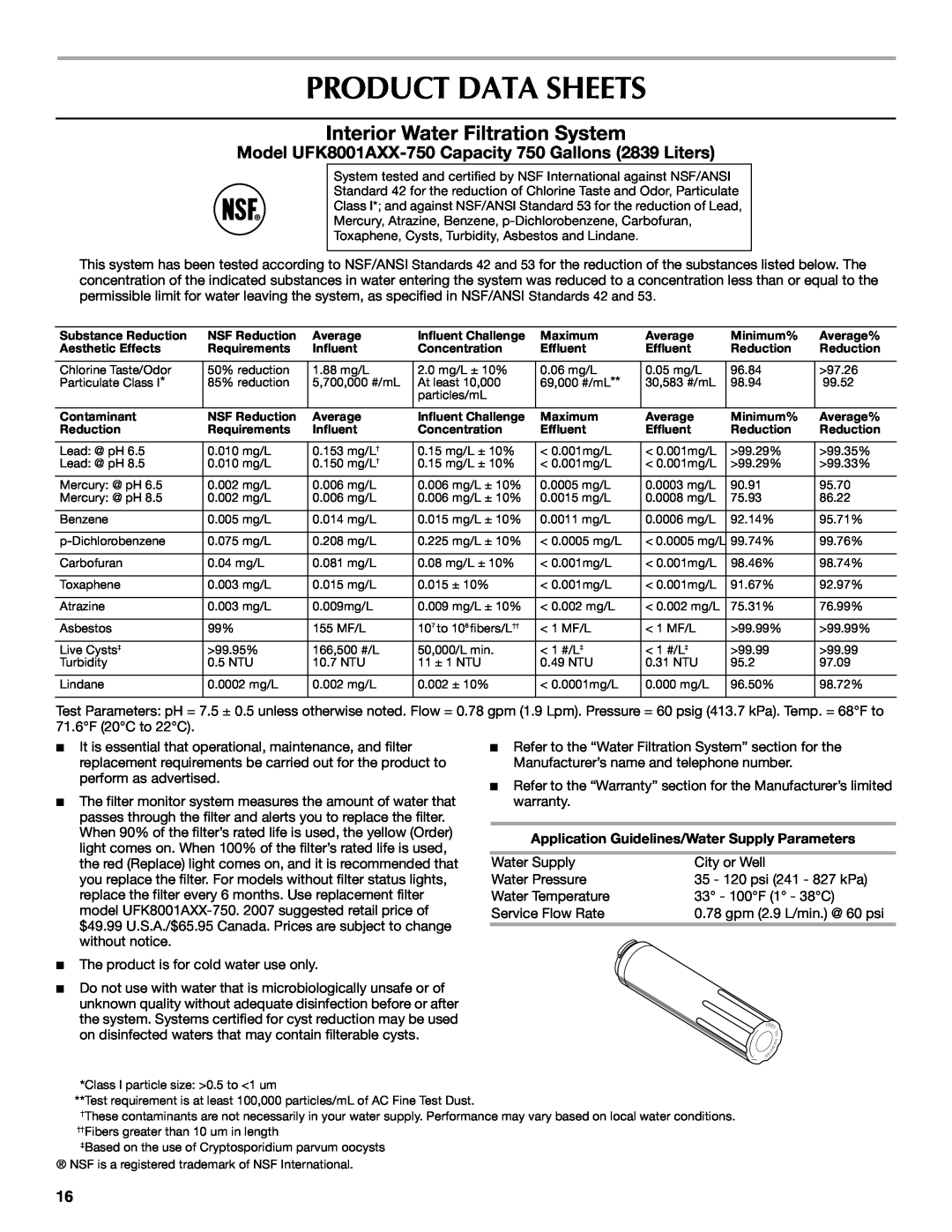 Maytag W10175477A, W10175444A, MFI2568AES installation instructions Product Data Sheets, Interior Water Filtration System 