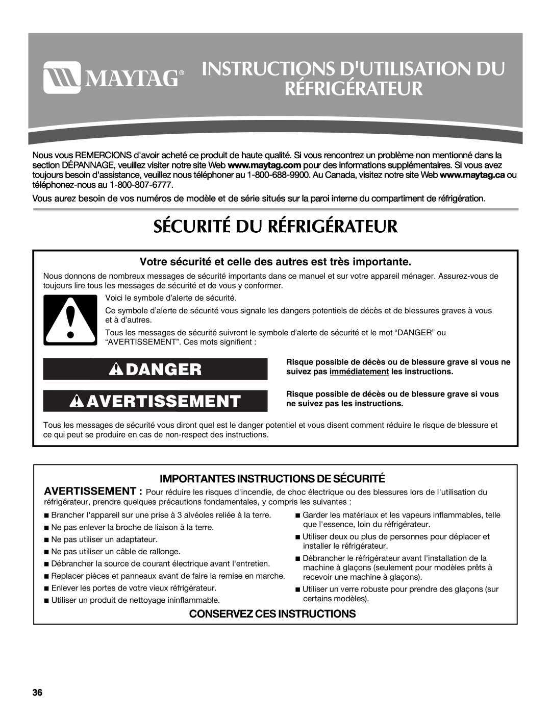 Maytag W10175444A, W10175477A Instructions Dutilisation Du Réfrigérateur, Sécurité Du Réfrigérateur, Danger Avertissement 