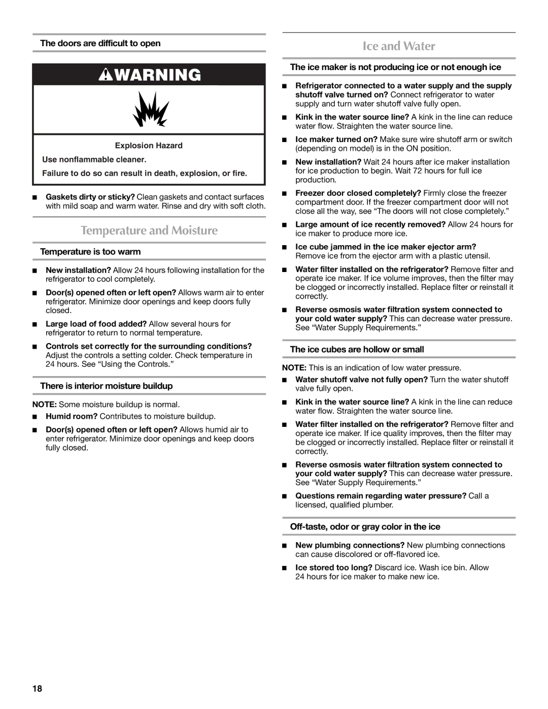 Maytag W10175446B manual Temperature and Moisture, Ice and Water 