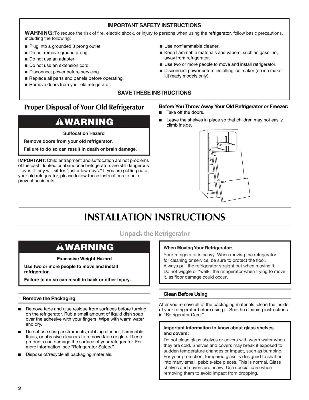 Maytag W10175446B manual Installation Instructions, Unpack the Refrigerator, Remove the Packaging, Clean Before Using 