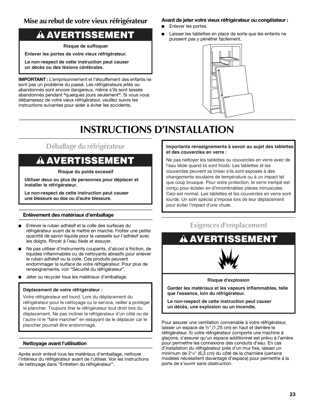 Maytag W10175446B manual Instructions D’INSTALLATION, Déballage du réfrigérateur, Exigences demplacement 