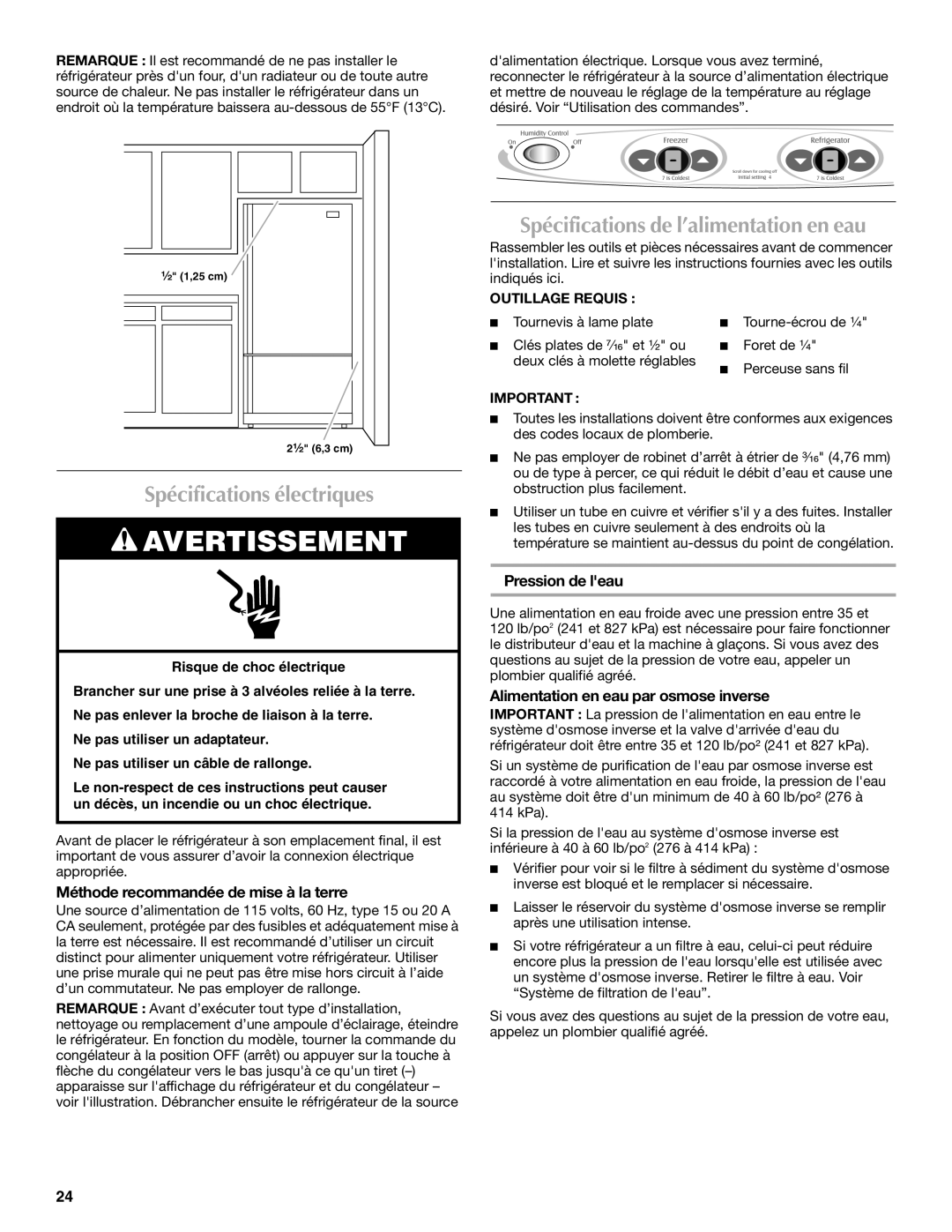 Maytag W10175446B manual Spécifications électriques, Spécifications de l’alimentation en eau, Pression de leau 