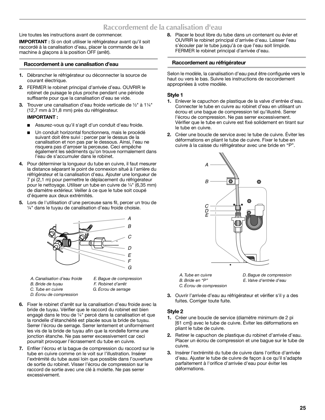 Maytag W10175446B manual Raccordement de la canalisation deau, Raccordement à une canalisation d’eau 