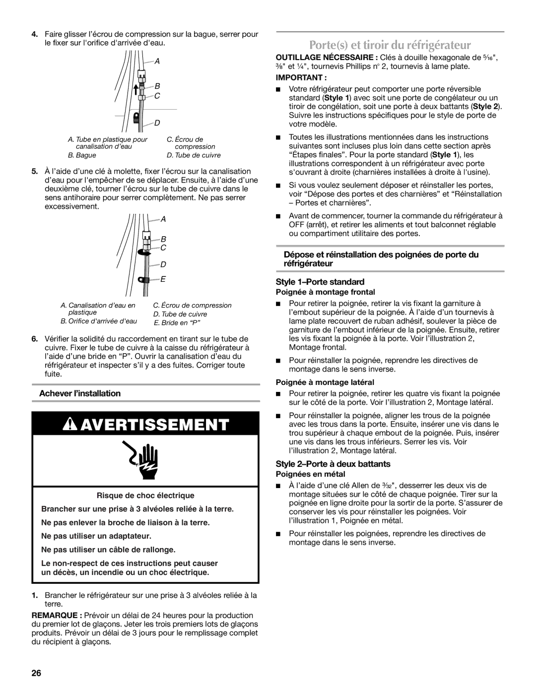 Maytag W10175446B manual Portes et tiroir du réfrigérateur, Achever l’installation, Style 2-Porte à deux battants 