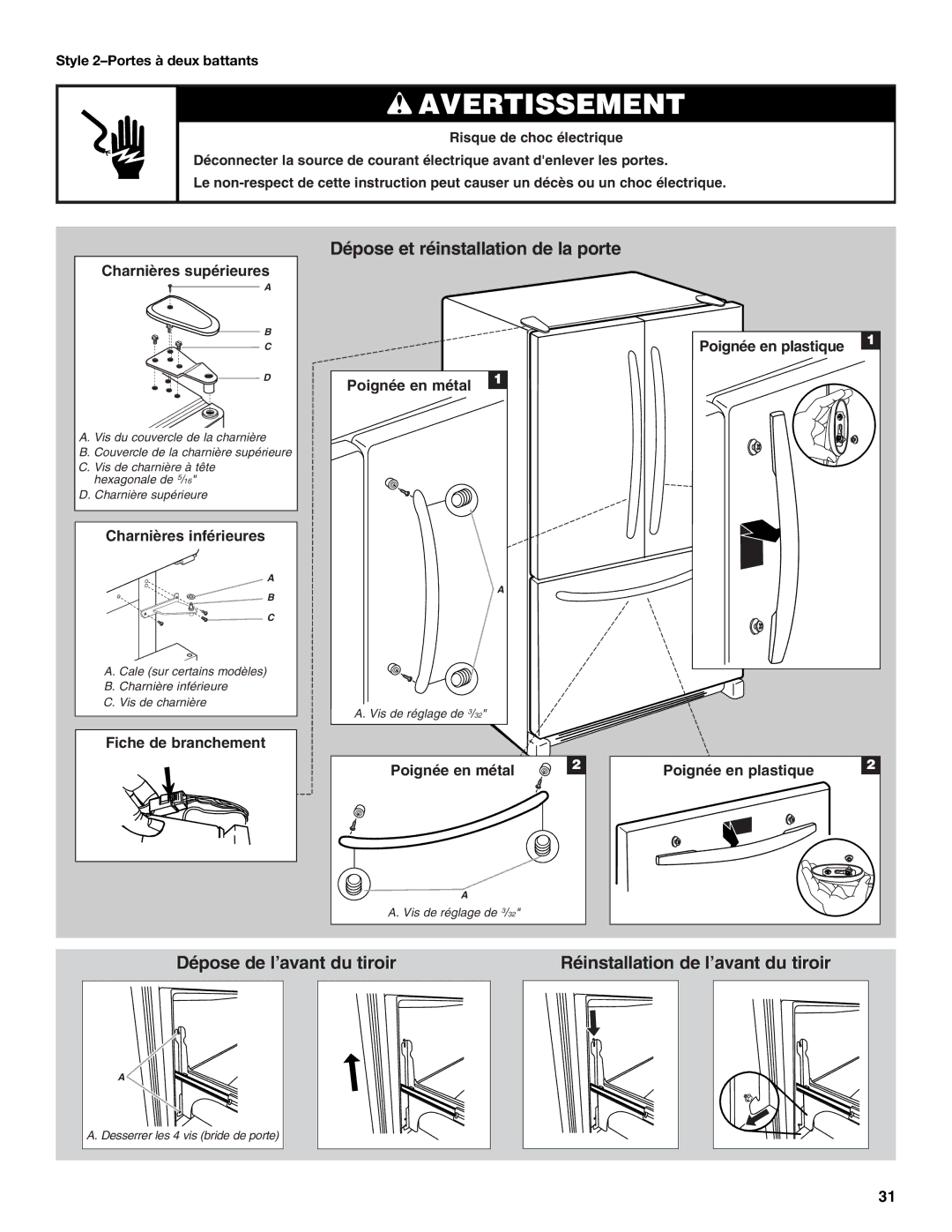 Maytag W10175446B manual Charnières supérieures, Style 2-Portes à deux battants 