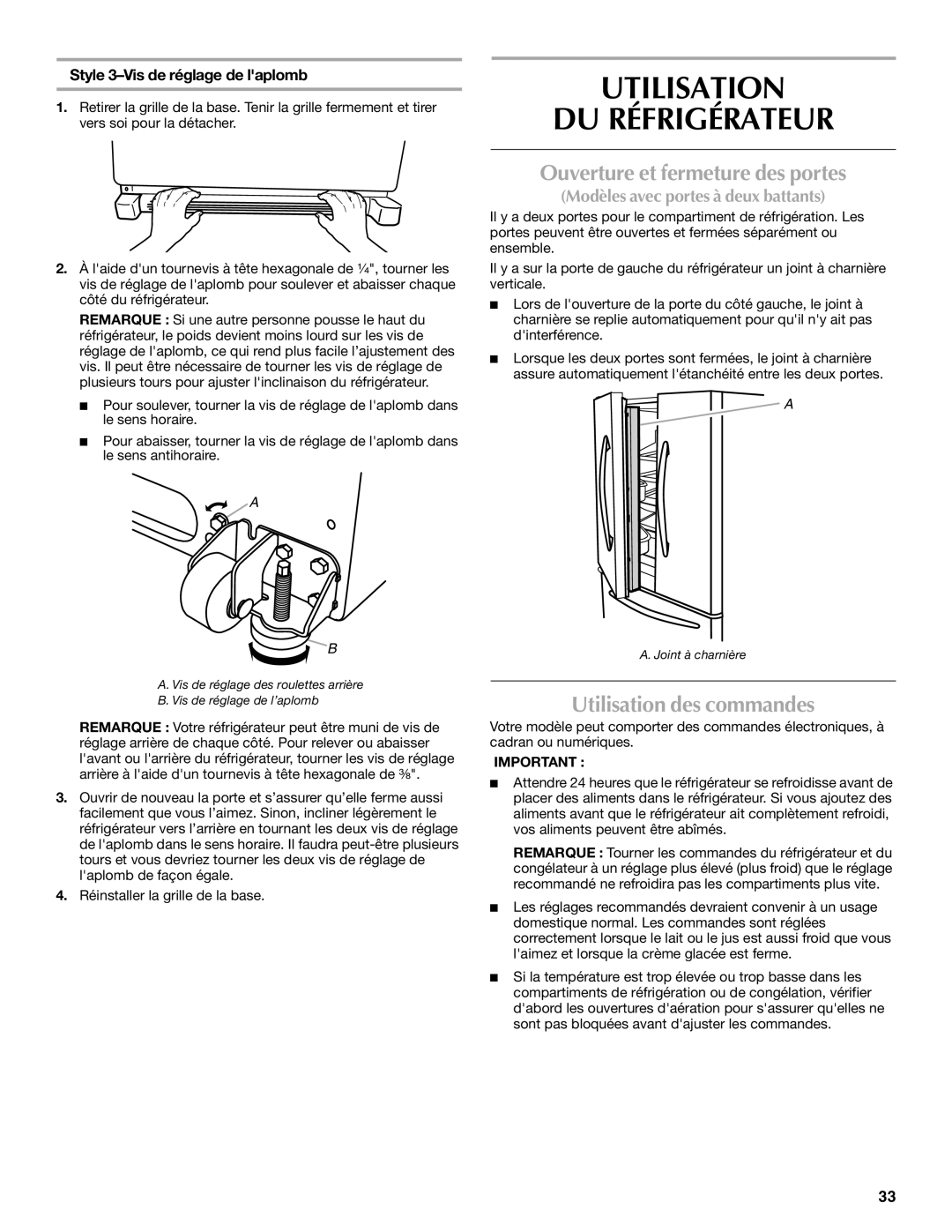 Maytag W10175446B manual Utilisation DU Réfrigérateur, Ouverture et fermeture des portes, Utilisation des commandes 