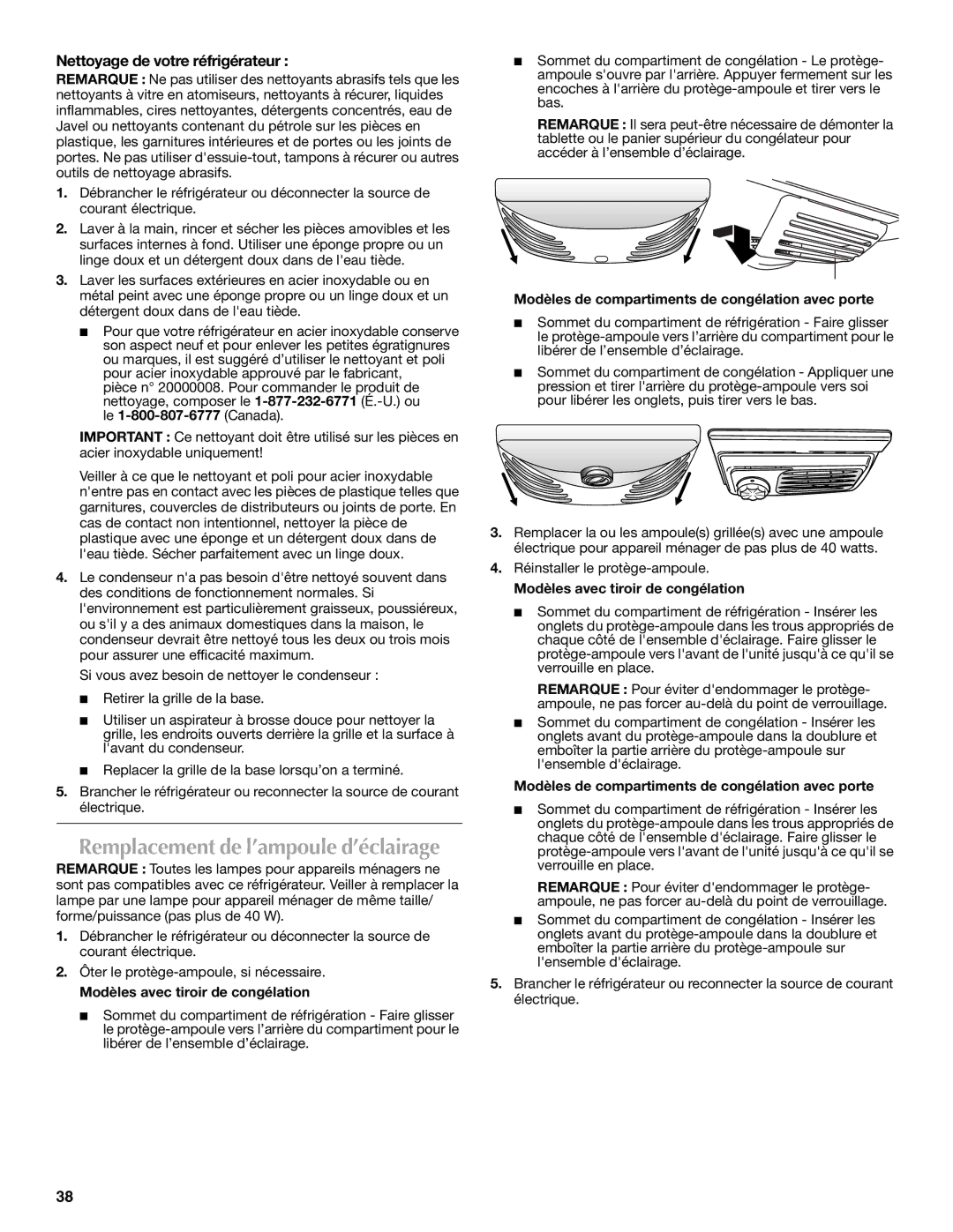 Maytag W10175446B manual Remplacement de l’ampoule d’éclairage, Nettoyage de votre réfrigérateur 