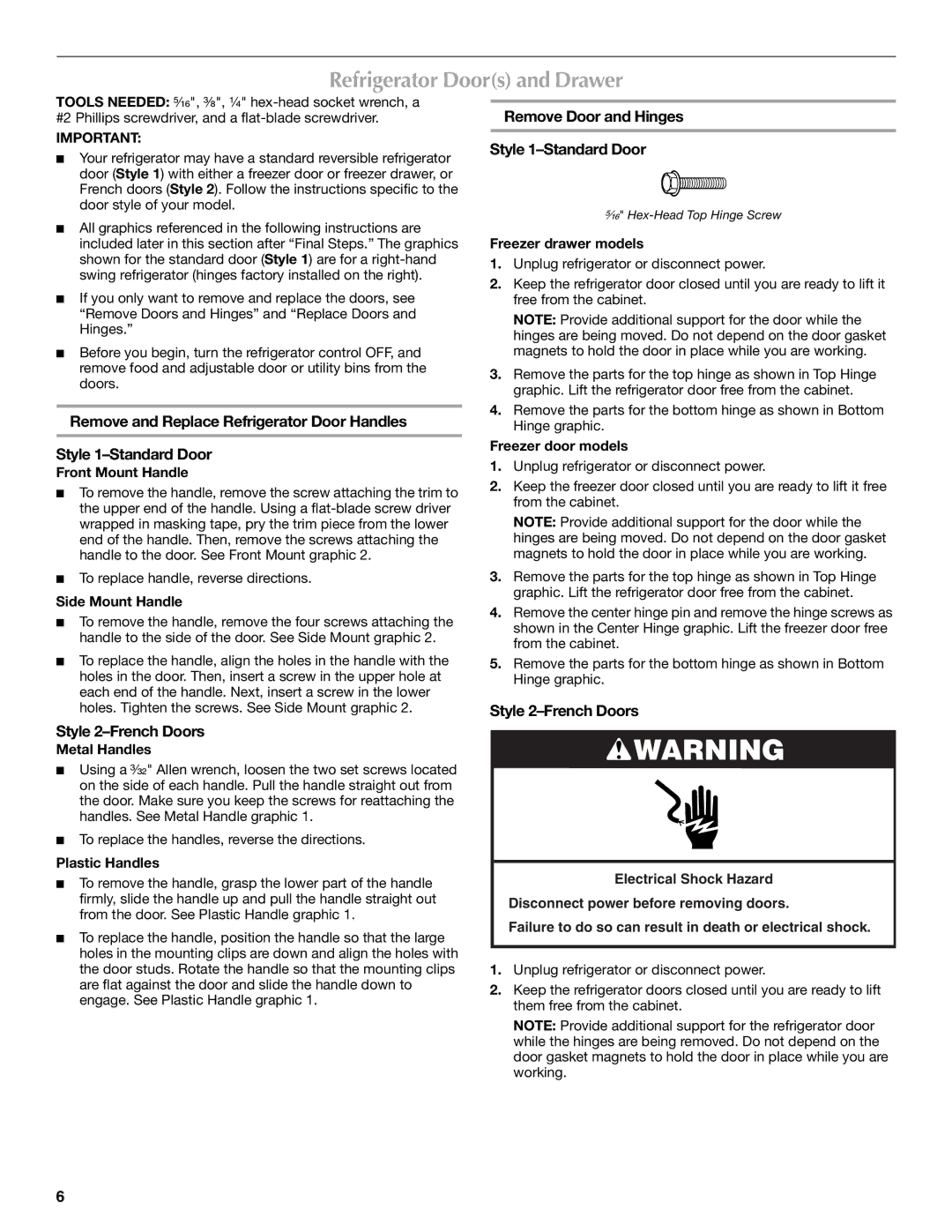 Maytag W10175446B manual Refrigerator Doors and Drawer, Style 2-French Doors, Remove Door and Hinges Style 1-Standard Door 