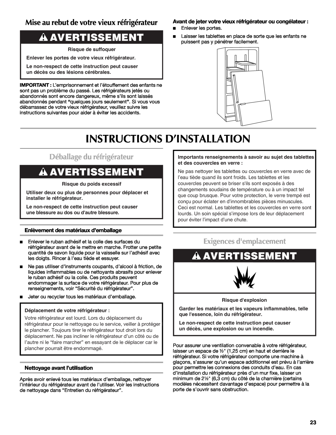 Maytag W10175446B manual Instructions D’Installation, Avertissement, Déballage du réfrigérateur, Exigences demplacement 