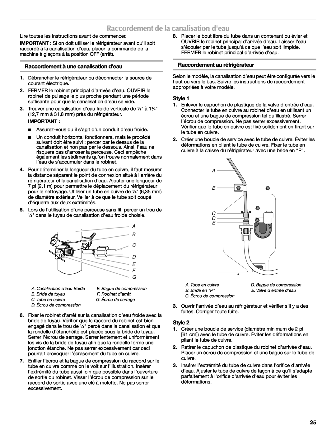 Maytag W10175446B manual Raccordement de la canalisation deau, Raccordement à une canalisation d’eau, Style, A B C D E 