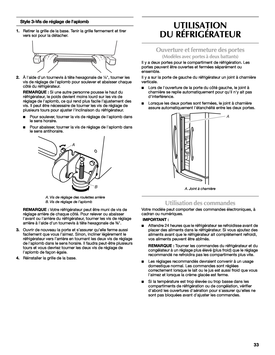 Maytag W10175446B manual Utilisation Du Réfrigérateur, Ouverture et fermeture des portes, Utilisation des commandes 