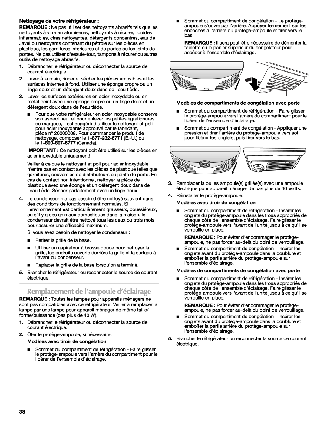 Maytag W10175446B manual Remplacement de l’ampoule d’éclairage, Nettoyage de votre réfrigérateur 