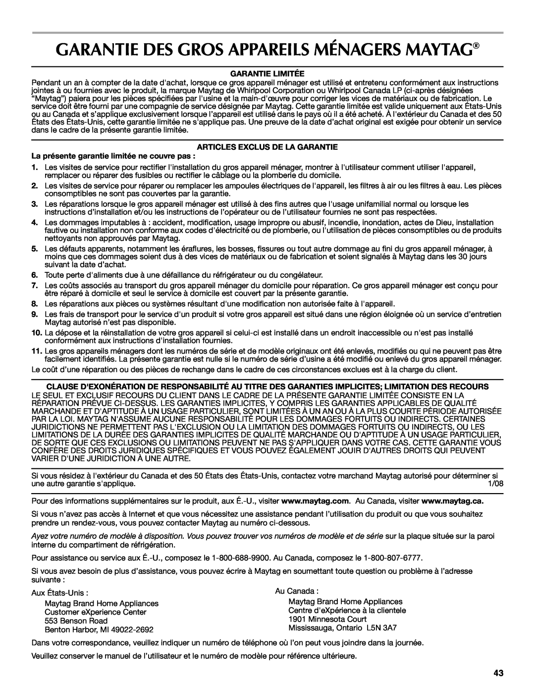 Maytag W10175446B manual Garantie Des Gros Appareils Ménagers Maytag, Garantie Limitée, Articles Exclus De La Garantie 