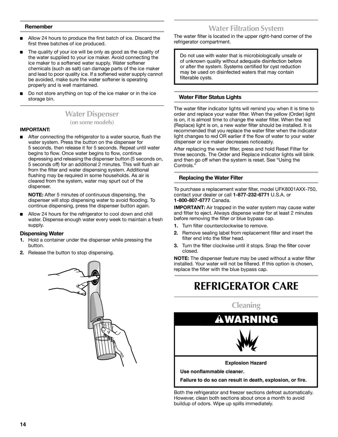 Maytag W10175486A installation instructions Refrigerator Care, Water Dispenser, Water Filtration System, Cleaning 